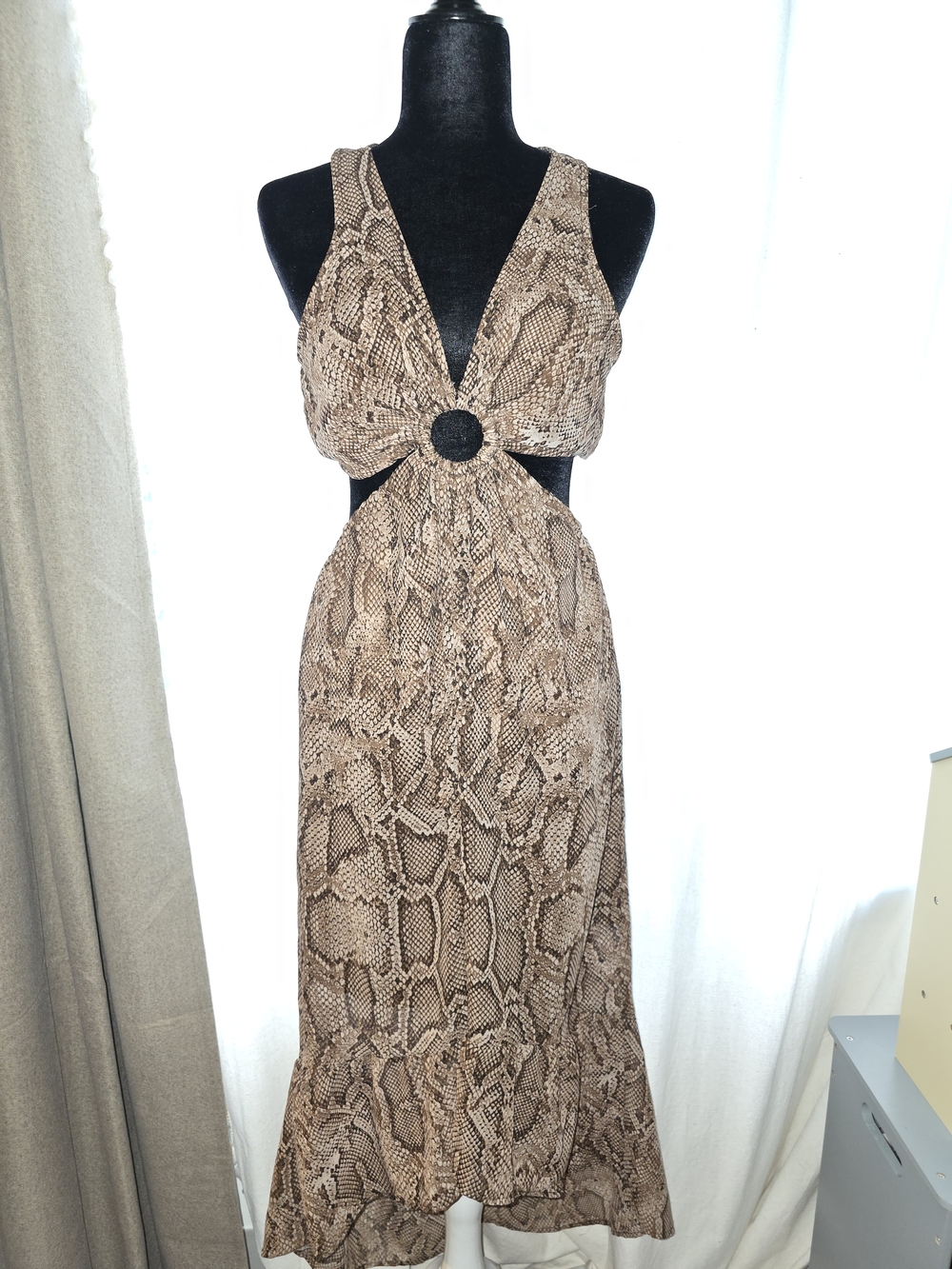 Sleeveless Snake-Print Cutout Maxi Dress in Brown